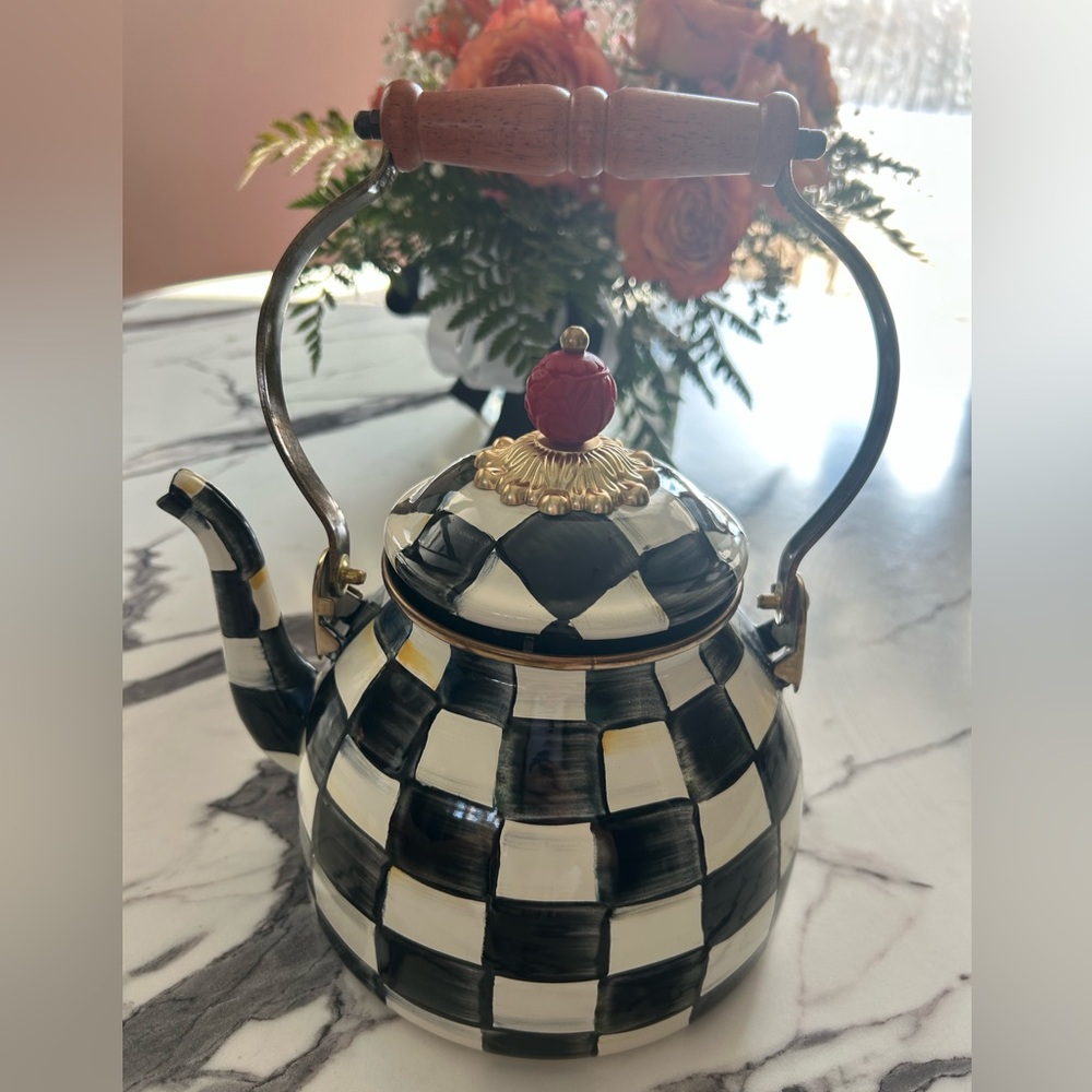 New MacKenzie-Childs Checkered Teapot with Red and Gold Accents